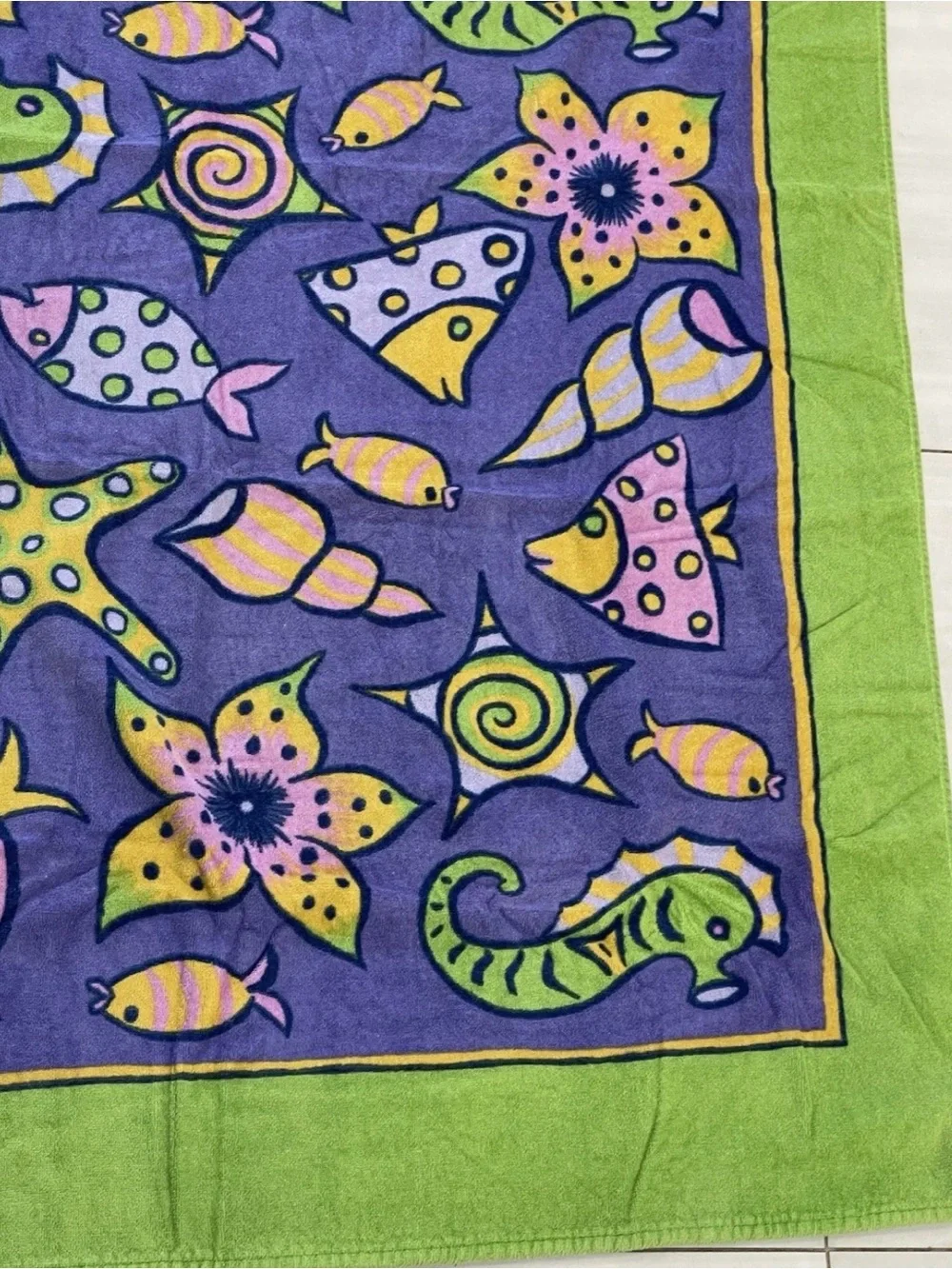 VGT Terrisol Giant Beach Towel Blanket Nautical Fish Purple Green 66” x 66” HTF